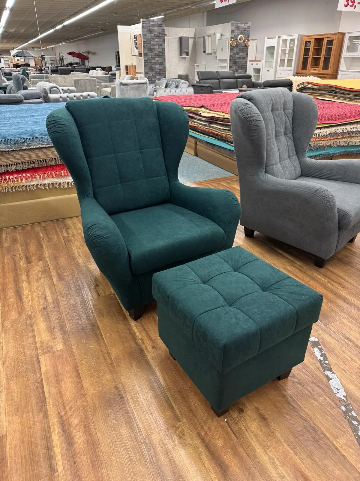 Eleganter Ohrensessel mit Hocker - Dunkelgrün - Bild 2