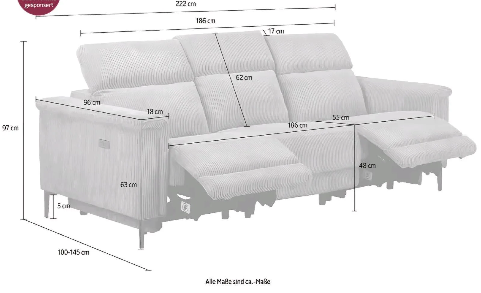 3-Sitzer Sofa mit Relaxfunktion (Creme) - Bild 4