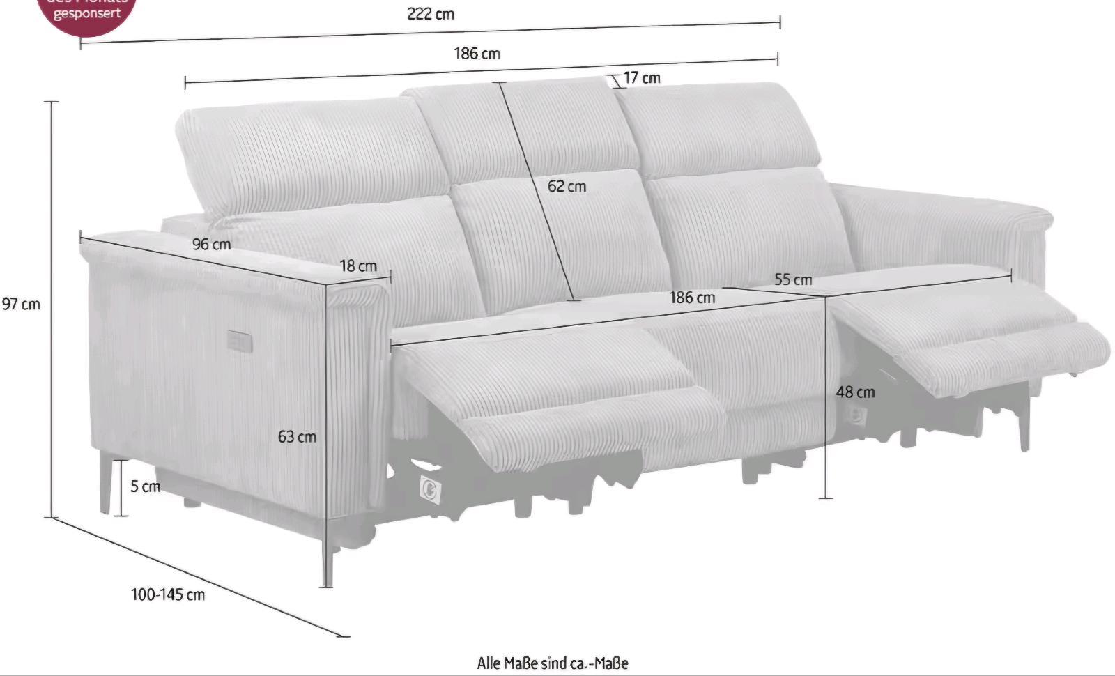 3-Sitzer Sofa mit Relaxfunktion & USB-Anschluss - Bild 3