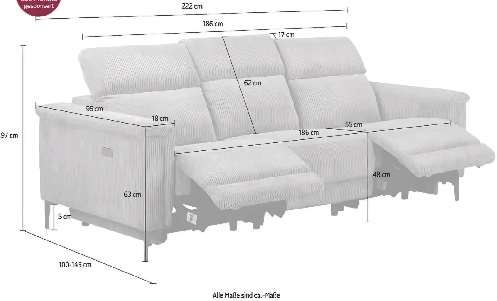 3-Sitzer Sofa mit Relaxfunktion & USB-Anschluss - Bild 3